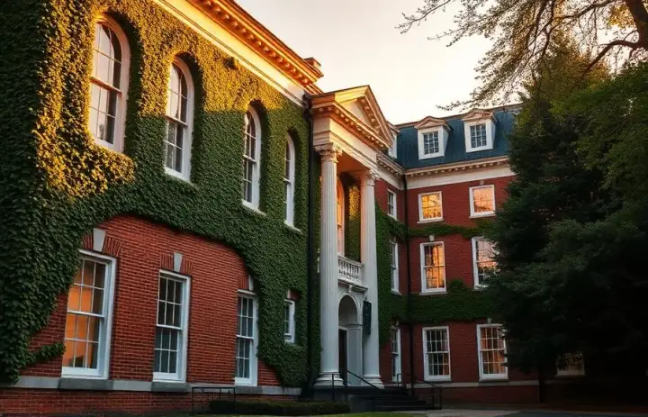 Ivy-covered university campus building at golden hour