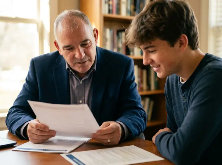Counselor reviewing admissions materials with a student