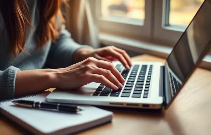 Student typing a college application essay on a laptop